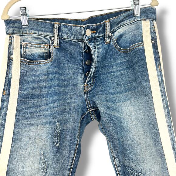 MNMI Men's Moto Style Button Fly Jeans 31 Tuxedo Stripes Indie Grunge Rockstar - Picture 2 of 6